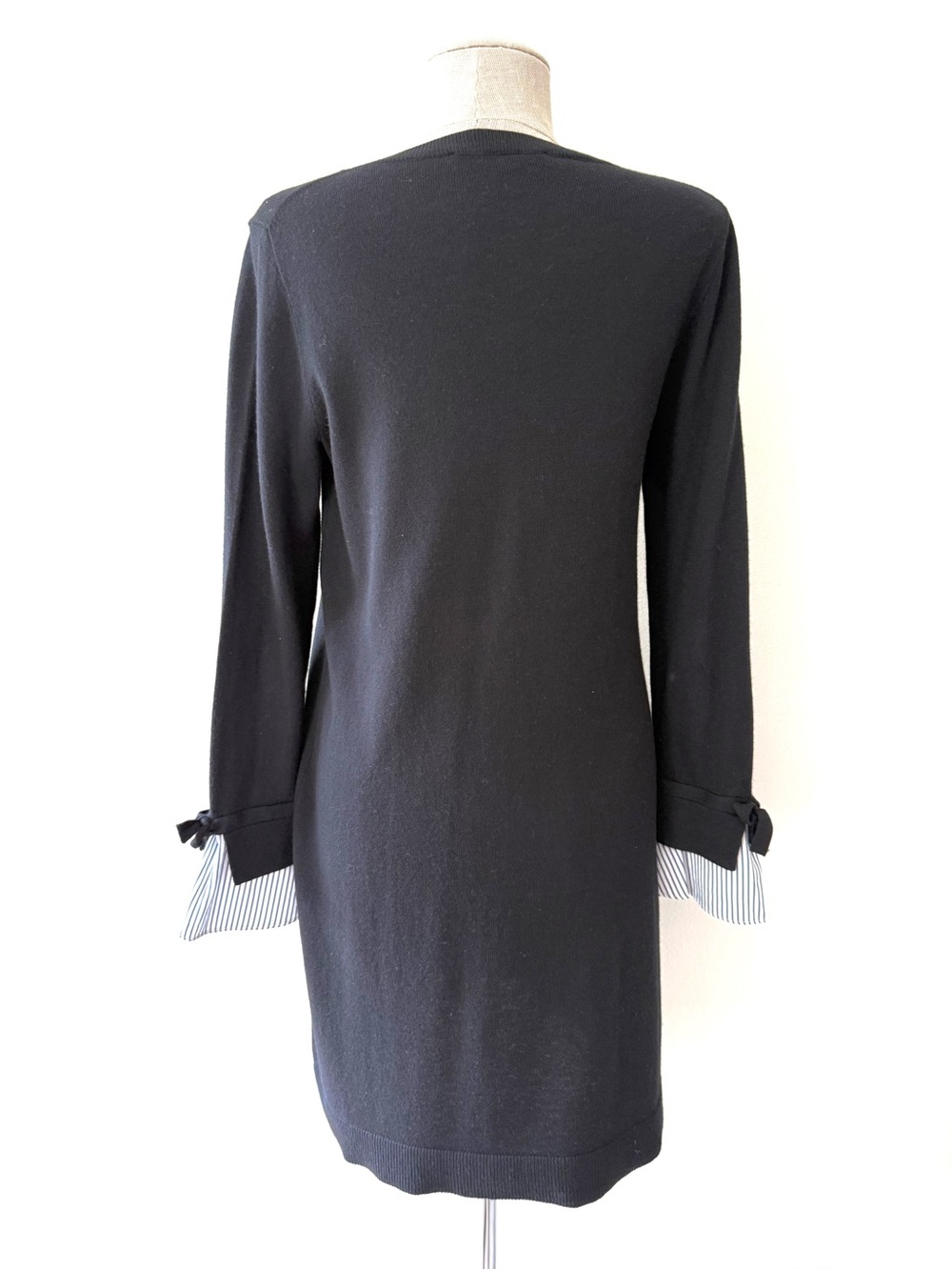 LOFT Black Mini Sweater Shift Dress Stripe-Cuff Bow Detail Sz S Academia Preppy - Picture 8 of 12